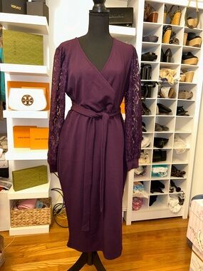 Amazon Purple Lace-Sleeve Wrap Midi Dress
